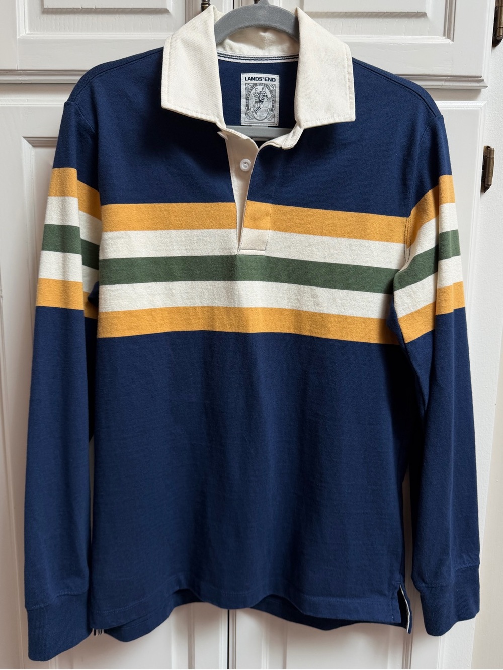 Lands’ End Men’s Rugby Polo Long Sleeve Shirt Navy Blue Cotton Size Small